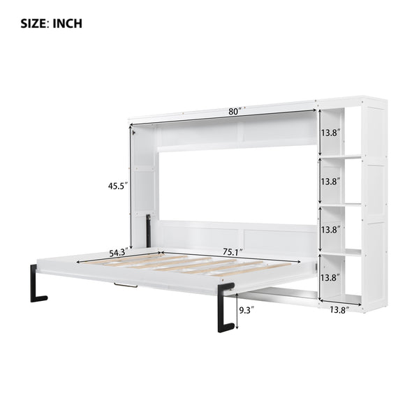 English Elm Full Full Size Murphy Bed with Bookshelf and Fold-Down Work Surface, Space-Saving LVL/MDF Design White GX002220AAK