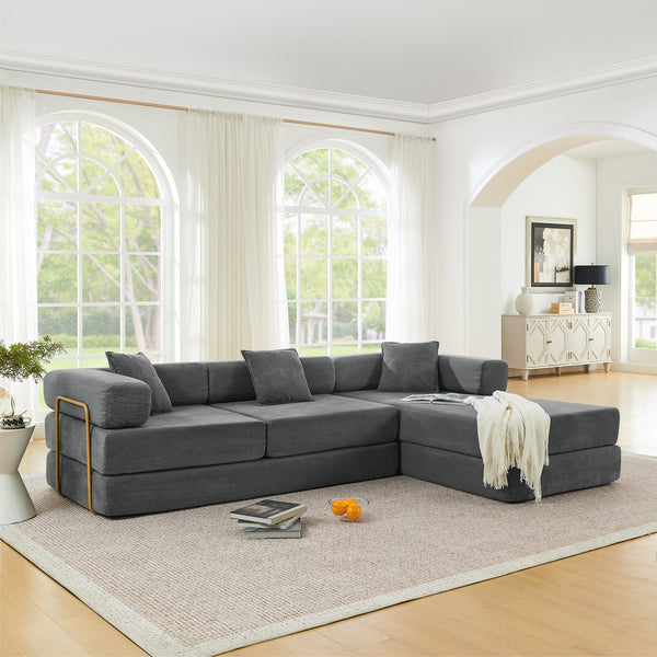 English Elm 108'' Modular Cloud Sectional Corduroy Couch with Fold Flat Backrest for Living Rooms Grey W1117S00292