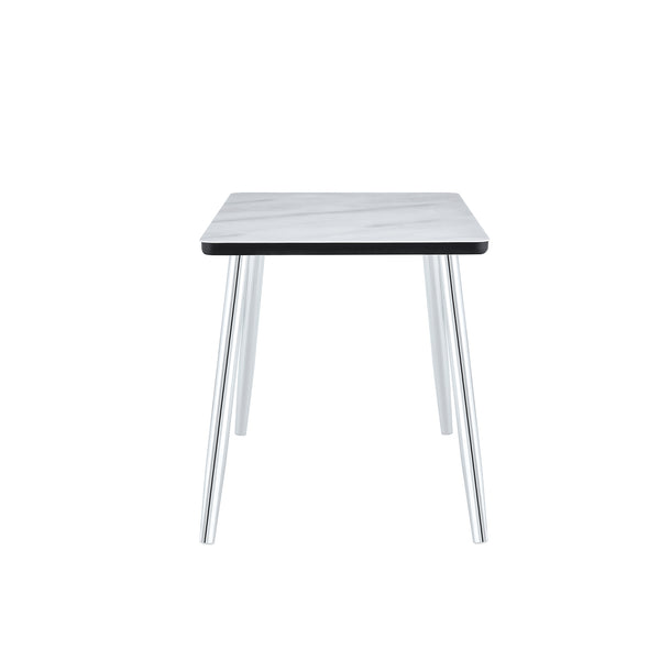 English Elm Modern Marble Look Glass Top Dining Table Slim Silver Legs Seats Six Minimalist W1151S04620