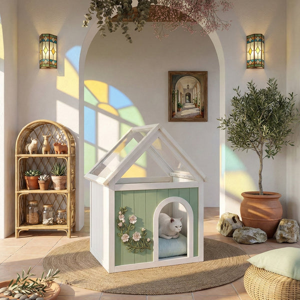 English Elm Sage Cedar Pet House with Acrylic Roof Hand Carved Decor for Cats and Small Dogs W3799P382569