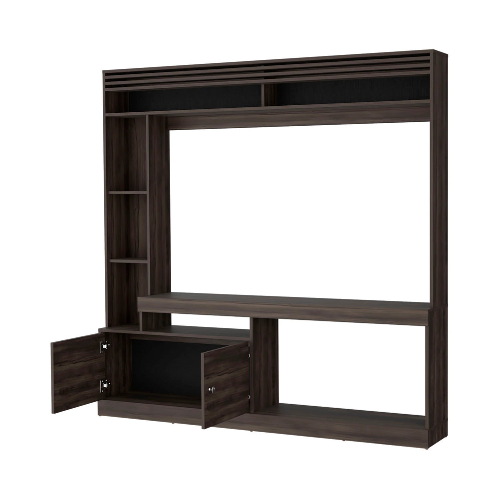 English Elm Stained Walnut Entertainment Center with Six Shelves, Two-Door Cabinet & Open Storage for Style and Organization B062S00602