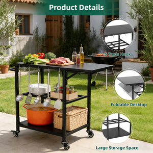 English Elm Outdoor Kamado Grill Cart with Folding Prep Surface Hooks Wheels and Storage Shelf W3190P416753