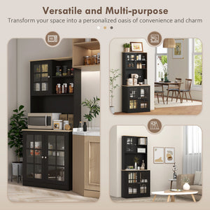 English Elm HOMCOM 72" Kitchen Pantry Hutch Cabinet with Glass Doors, Large Countertop, Adjustable Shelves, Black W2225P200665