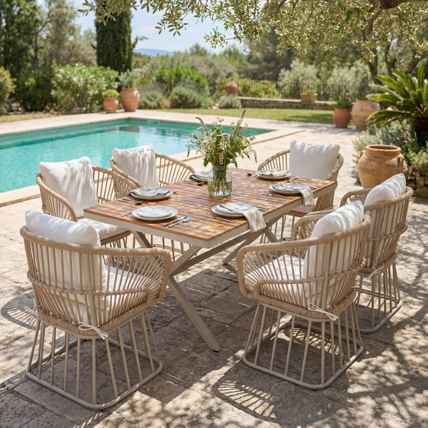 English Elm Outdoor Teak and Wicker Seven Piece Patio Dining Set with Cushioned Armchairs N770PS726B27B