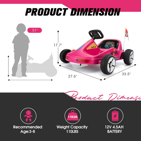 English Elm 12v Kids Electric Go Kart with Parental Remote Dual Motors Led Bluetooth Pedal Rose Red W2181P201029