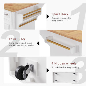 English Elm K&k Farmhouse Rolling Kitchen Island Rubberwood Drop Leaf 3 Drawers 4 Cabinet Doors White N707S195395W