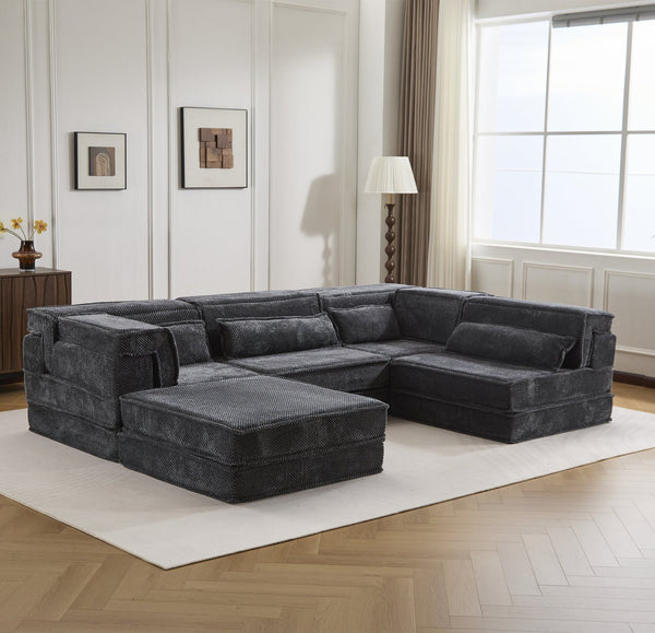 English Elm Compression Mahjong Sofa - Oversized Modular Floor Bed With Ottoman, No Assembly, Soft Fleece Fabric W3723S00037