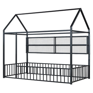 English Elm Twin House Frame Bed Powder Coated Steel with Built in Shelves for Kids Room N737P175360B