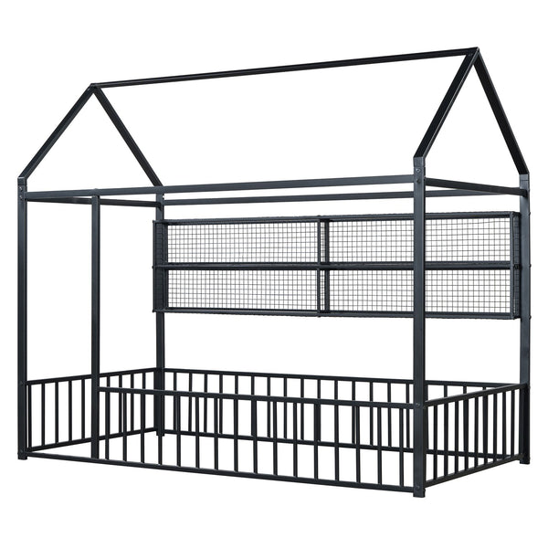 English Elm Twin House Frame Bed Powder Coated Steel with Built in Shelves for Kids Room N737P175360B