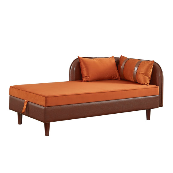 English Elm 65" Velvet Storage Chaise Lounge with Pu Leather Panels Eucalyptus Frame Accent Seat Orange+Dark Brown W1097P434116