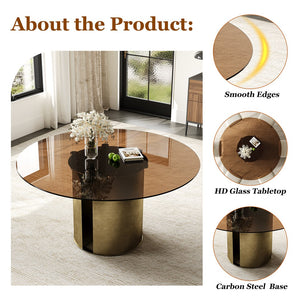 English Elm 59-Inch Round Dining Table - Elegant Dark Brown Glass Top With Antique Copper Steel Legs For 6-8 W509S00145