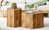 English Elm Modern Minimalist Set Of Two Hexagonal Wood-Grain Mdf Coffee Tables.Modern Mdf Coffee Table, With Complex Texture Patterns, Style and Texture Coffee Table To Redefine Your Interior Decoration.