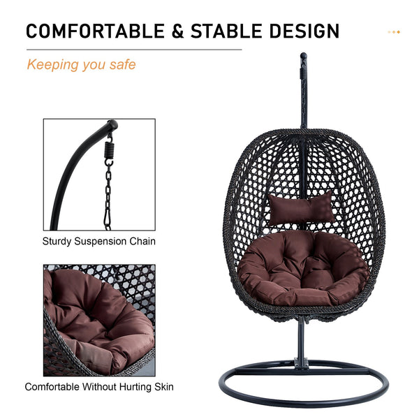 English Elm Egg Swing Chair Freestanding Woven Rattan Basket Seat with Cushion for Patio Bedroom W1512P494633