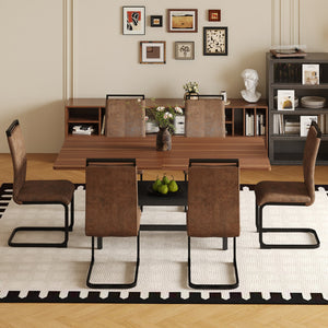 English Elm Table and Chair Set 71 Inch Walnut Grain Dining with Six Brown Fabric Seats W1151S04282