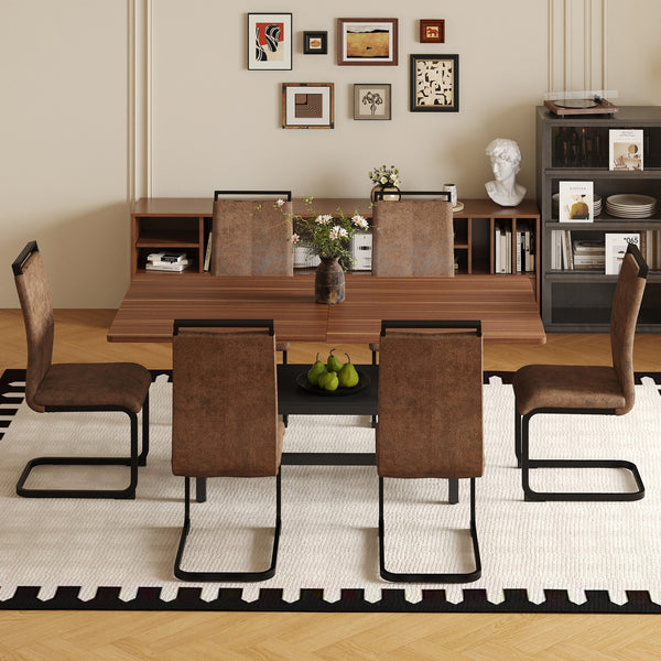 English Elm Table and Chair Set 71 Inch Walnut Grain Dining with Six Brown Fabric Seats W1151S04282