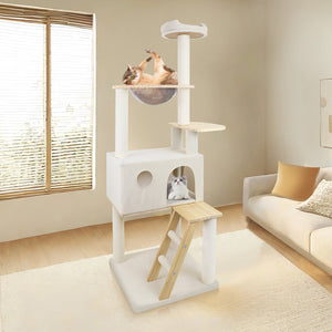 English Elm Wood Multi-level Cat Tower with Transparent Pod Condo Sisal Posts and Plush Perches W243P326634