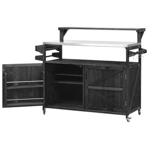 English Elm K&K 53.3" Outdoor Kitchen Island with 1.2" Stainless Top, Spacious Storage, Raised Shelf, Wheels Black N707P250628B