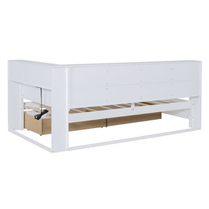 English Elm Wooden Twin Daybed with Storage Drawers Usb Charging Shelf and Pine Frame White N733S347768K