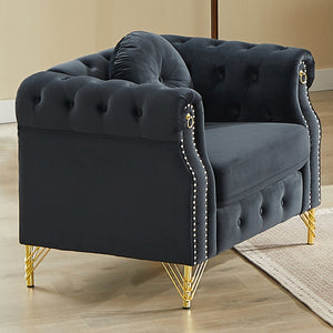 English Elm Velvet Tufted Chesterfield Sofa with Copper Stud Trim and Gold Metal Legs Black W834P423610