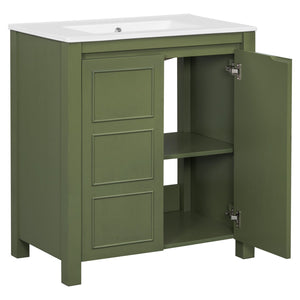 English Elm 30'' 30'' Farmhouse Bathroom Vanity Olive Green with Ceramic Sink, Adjustable Shelves, Soft-Close Doors, Rustic Wood Frame N729P290712F