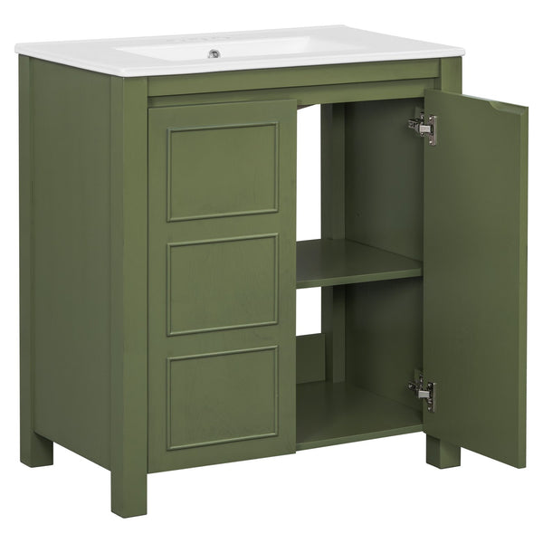 English Elm 30'' 30'' Farmhouse Bathroom Vanity Olive Green with Ceramic Sink, Adjustable Shelves, Soft-Close Doors, Rustic Wood Frame N729P290712F