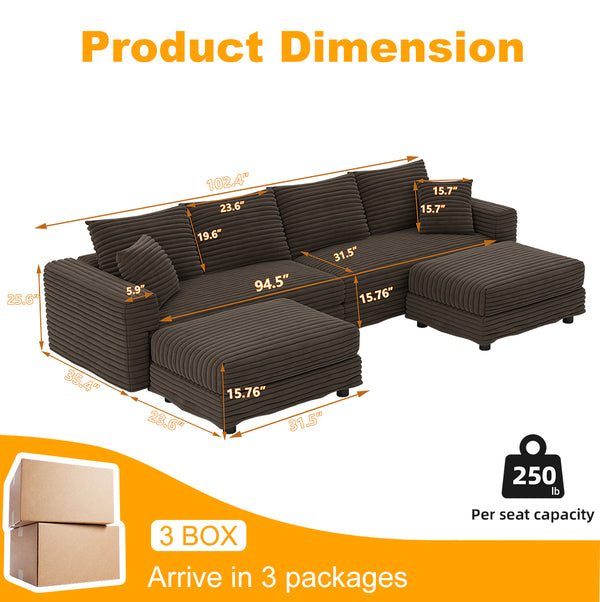 English Elm 102.4 Inch Plush Corduroy Cloud Sofa Deep Seat Four Person Convertible Lounge for Living Room Camel W1885S00342