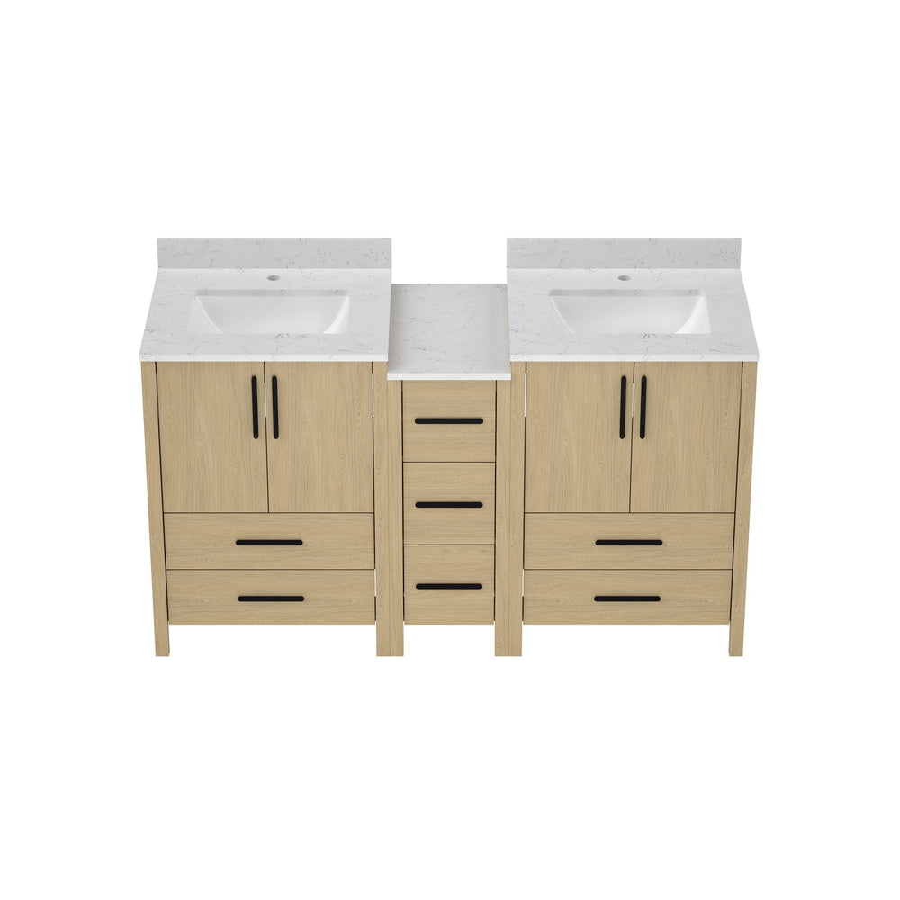 English Elm 108"w×22"d×34"h Freestanding Double Sink Vanity with White Countertop Soft Close T3785S00006