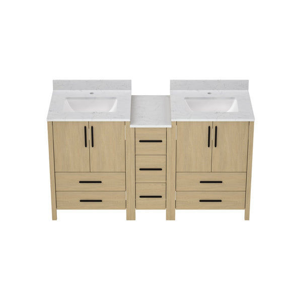 English Elm 108"w×22"d×34"h Freestanding Double Sink Vanity with White Countertop Soft Close T3785S00006