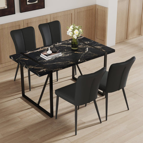 English Elm Table Modern Black Marble Mdf Dining Set With 4 Stylish Pu Chairs - Perfect For Kitchen & Dining Room W1151S02525-GIGA