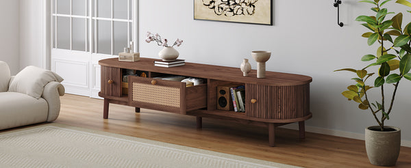 English Elm Modern TV Stand for 75" TVs with Rattan-Front Drawer, Solid Wood Legs, Sliding Doors & Spacious Storage N710P257609P