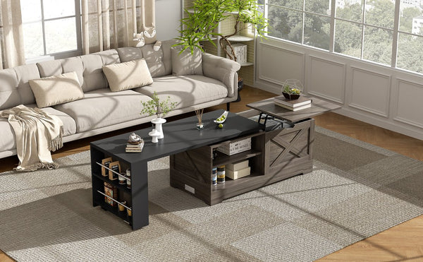 English Elm U-can Farmhouse Lift Top Coffee Table Barn Door Hidden Storage Living Room Brown+Black N724P351732E
