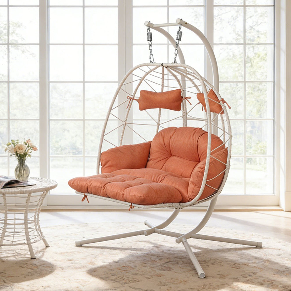 English Elm 2 Person Wicker Hanging Egg Chair with Stand Padded Swing for Patio or Garden T5880P500212