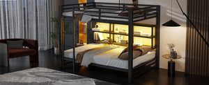 English Elm Metal Queen over Queen Bunk Bed with Storage Cabinets, LED Lighting, Sturdy Black Metal Frame, Space-Saving Design N7090000672B