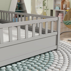 English Elm Full Montessori Floor Bed Frame With High-Security Barrier & Clockwise Door - Cozy Gray Design W1858P164944