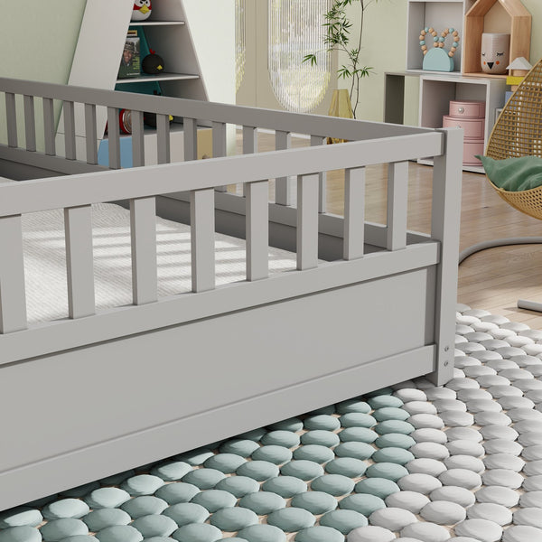 English Elm Full Montessori Floor Bed Frame With High-Security Barrier & Clockwise Door - Cozy Gray Design W1858P164944
