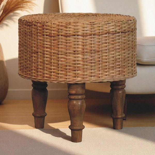 English Elm Solid Wood Regency Round Woven Stool – Rustic Accent Piece For Extra Seating, Footrest, Or Table B182P372111-GIGA