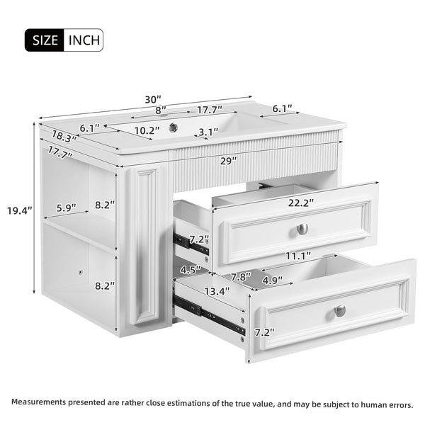 English Elm 30'' Wall Mounted Bathroom Vanity with Ceramic Sink, Floating MDF Cabinet, Soft-Close Drawers & Ample Storage White N710P334915K
