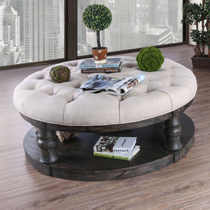 English Elm Rustic Round Wooden Coffee Table 48" Dia x 20" H with Weathered Finish, Turned Legs, Open Shelf and Button-Tufted Beige Linen Top Antique Grey 51 L x 51 W x 13 H B2741P357495