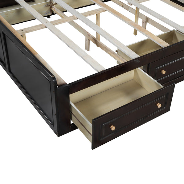 English Elm Wood Queen Platform Bed Solid Pine Frame Six Storage Drawers No Box Spring Needed Espresso N709P241723P-1