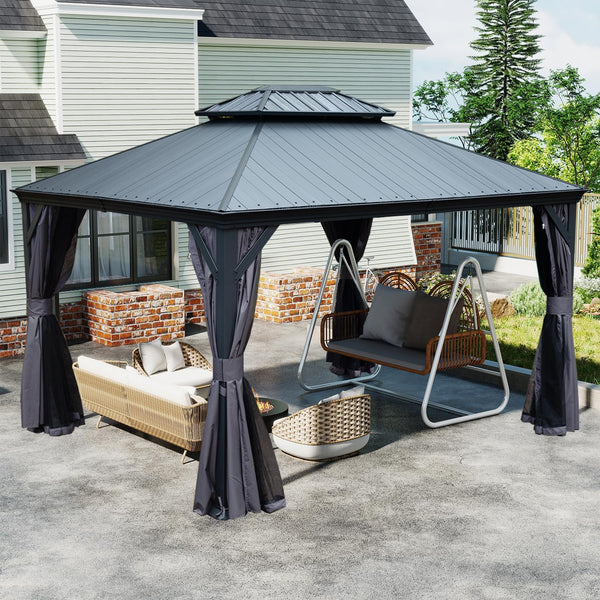 English Elm 12'x16' Hardtop Gazebo Heavy Duty Steel Frame Permanent Outdoor Pavilion with Netting W1859S00186