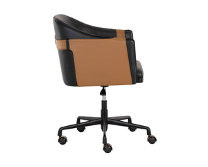 Sunpan Carter Barrel Back Office Chair in Luxurious Faux Leather with Stylish Gold Castors for Comfort Napa Black / Napa Cognac