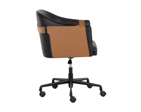 Sunpan Carter Barrel Back Office Chair in Luxurious Faux Leather with Stylish Gold Castors for Comfort Napa Black / Napa Cognac