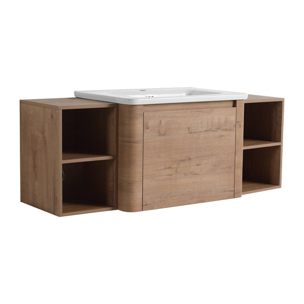 English Elm 52'' Wall-Mounted Vanity with White Ceramic Sink, Soft-Close Door, Plywood Shelves & Rounded Edges Imitative Oak W999S00431