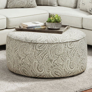 English Elm Transitional Round Upholstered Ottoman With Paisley Pattern, Welt Trim, And Multi-Finish Base B2741P355858-GIGA