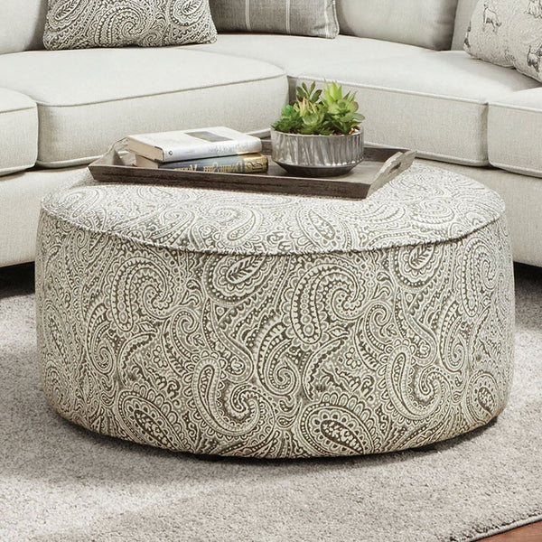 English Elm Transitional Round Upholstered Ottoman With Paisley Pattern, Welt Trim, And Multi-Finish Base B2741P355858-GIGA