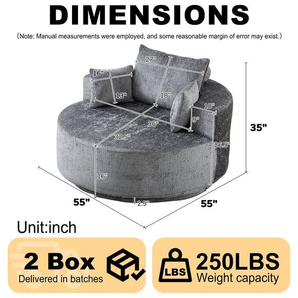 English Elm 55''l 55'l Chenille Swivel Lounge Chair Plush Foam Fill 360 Rotation Modern Living Room Grey W834S00641