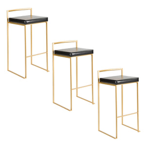 English Elm Fuji 30" Glamorous Gold Barstool Set Of 3 With Black Faux Leather - Stylish, Stackable & Comfortable B202P222216