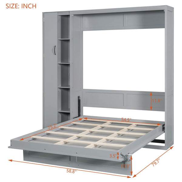 English Elm Full Size Murphy Bed with Open Shelving Wardrobe and Led Lighting for Studio Spaces Gray LP000898AAE