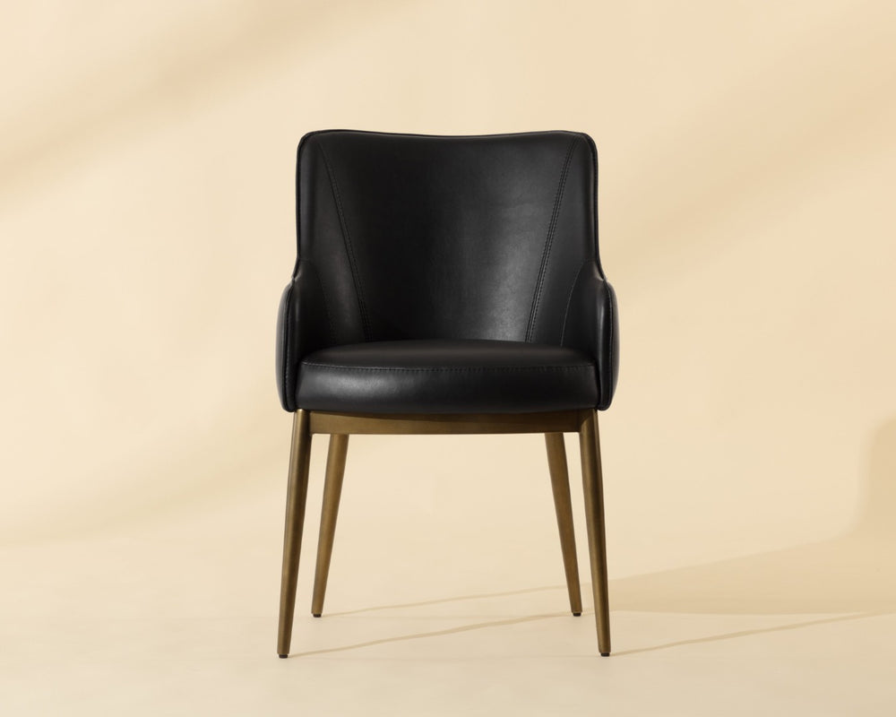 Sunpan FRANKLIN Dining Armchair - Compact Barrel-Back Design in Bravo Black Faux Leather with Brass Frame 112438