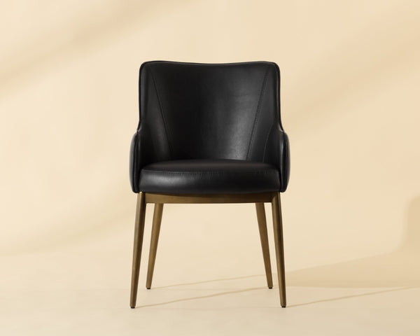 Sunpan FRANKLIN Dining Armchair - Compact Barrel-Back Design in Bravo Black Faux Leather with Brass Frame 112438